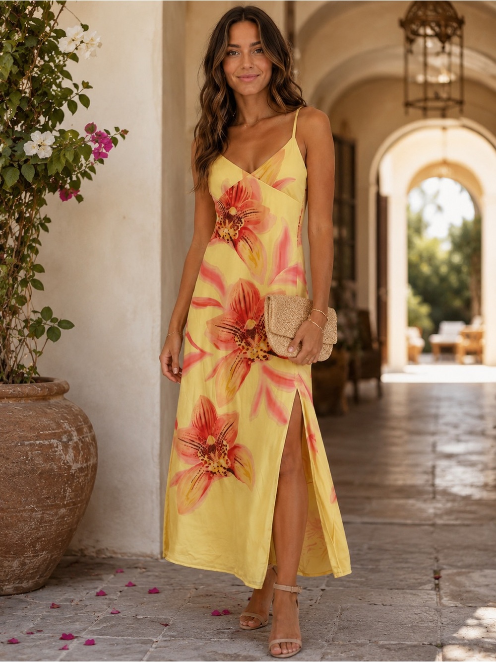 Boutique Yellow Floral Slip Maxi Dress side slit 🌼 Summer Vaca Wedding Guest
